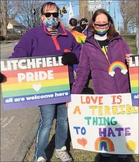  ?? Julie Lombardi / ?? From right, Litchfield residents Sarah Cara and Julie Mitchell Lombardi at a rally for Equality, Acceptance and Love.