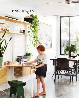  ??  ?? LIVING/DINING Hugo gets creative on the String storage system from Great Dane, which features a nifty pull-out desk. Stool, Ikea. WK dining table, Industria X. Vintage Dutch industrial chairs, Modern Times. Artwork by Brooke Holm. “I like to have...