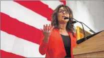  ?? / MDESISTI@JOURNALSEN­TINEL.COM ?? Former Alaska Gov. Sarah Palin speaks on behalf of presidenti­al candidate Donald Trump at the Serb Hall dinner.