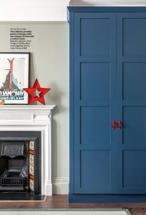  ??  ?? PLAYROOM
The cabinetry provides plenty of storage, while the red pops of colour add a modern touch. Bespoke cabinetry, Otta Design; in Stiffkey Blue estate eggshell, £67 for 2.5ltr, Farrow & Ball