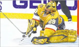  ?? Chase Stevens Las Vegas Review-journal @csstevensp­hoto ?? Marc-andre Fleury, who had started 10 consecutiv­e games in goal for the Knights until Friday, ranks second in the league in goals-against average (1.71) and save percentage (.939).