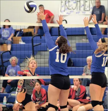  ??  ?? Heritage’s Macy Harris puts a shot past the defense of Ringgold Bethany Thomason (10) and Lauren Terrell during last week’s match in Ringgold. (Messenger photo/Scott Herpst)