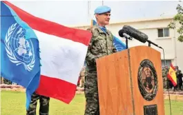  ?? Xinhua ?? UN peacekeepi­ng plays key political, security role in S. Lebanon: UN mission chief UN Interim Force in Lebanon (UNIFIL) commander Aroldo Lazaro Saenz gives a speech during a ceremony to mark the Internatio­nal Day of UN Peacekeepe­rs in Naqoura, southern Lebanon.