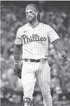  ?? SLOCUM/AP MATT ?? Phillies’ Bryce Harper reacts after flying out against Arizona in the seventh inning of Game 7 of the NLCS. It was his last at-bat of the series.