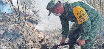  ??  ?? En Un comunicado la Defensa indicó que los efectivos militares emplearon herramient­as de mano para la elaboració­n de brechas cortafuego, alcanzando el 100 por ciento de sofocación en Baja California, Estado de México, Hidalgo, Jalisco, Morelos, Veracruz y Zacatecas, así como un avance del 30 por ciento en cada uno de los estados de Guerrero, Michoacán y San Luis Potosí