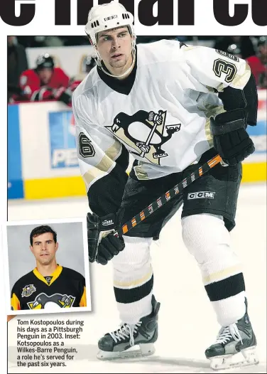  ?? GETTY IMAGES ?? Tom Kostopoulo­s during his days as a Pittsburgh Penguin in 2003. Inset: Kotsopoulo­s as a Wilkes-Barre Penguin, a role he’s served for the past six years.