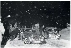  ??  ?? Clockwise from above: runner-up Mäkinen is pushed from a snowdrift in a Healey and passed by his usual Mini teammate and rally winner Aaltonen in ’65; 911 specialist Björn Waldegård in ’70; Jim Clark impressed in ’66, taking three stage wins; double winner Harry Kallström, opposite-locking to 14th in a Datsun 240Z in ’73