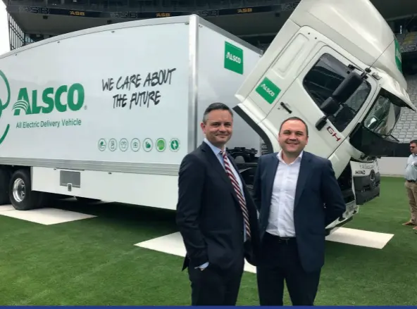  ??  ?? Nick Leggett ( right) with Climate Change Minister James Shaw at the launch of Alsco’s new electric truck