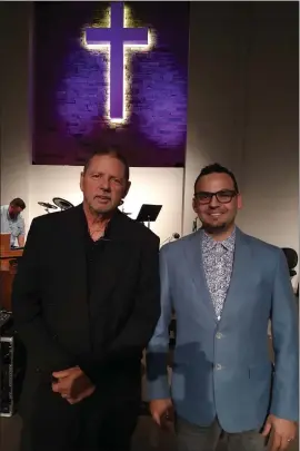  ?? Staff photo by Junius Stone ?? ■ Pastor Chris Sutherland of First Church of the Nazarene-Texarkana, Texas, and Pastor James Boulton of Free Life Church, Genoa, Arkansas, stand Sunday in the sanctuary of First Church of the Nazarene.