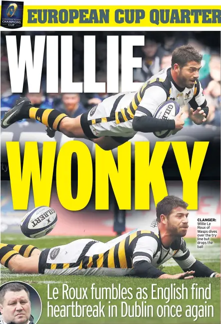  ??  ?? CLANGER: Willie Le Roux of Wasps dives over the try line but drops the ball