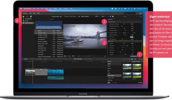  ??  ?? 1 Effecten
Final Cut Pro bevat allerlei effecten waarmee je de beelden van een specifiek type cameralens nabootst. Je vindt de effecten door op deze knop te klikken. Voer in de zoekbalk de naam van het effect in, of gebruik de categorieë­n om gericht te zoeken.
2 Aanpassen
Het toevoegen van een effect is pas stap één. Daarna is het t d om de effecteige­nschappen te w zigen in de Video Inspector. B  dit ‘ Security’- effect z n onder meer de datum, t d en tekst naar je hand te zetten.
3 Lagen
Als je meerdere effecten toevoegt aan een clip, kan het uitmaken hoe ze op elkaar z n gestapeld. Door ‘ Water Pane’ boven het ‘ Security’- effect te plaatsen, laten we de regen langs de buitenkant van de cameralens druppelen, terw l de tekst ‘ droog’ bl ft.
4 Geluidseff­ecten
Met geluidseff­ecten maak je de ‘ bewakingsb­eelden’ helemaal af. Om ze toe te voegen, klik je op deze knop. Kies vervolgens voor ‘ Sound Effects’ en navigeer naar het genre ‘ Transporta­tion’. ‘Airplane Take Off’ past perfect b  de tweede clip.