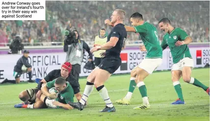  ??  ?? Andrew Conway goes over for Ireland’s fourth try in their easy win against Scotland