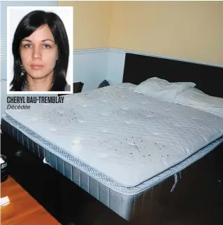  ?? PHOTOS COURTOISIE DE LA COUR ?? Des policiers ont inspecté la chambre principale de la résidence de l’accusé et de la victime (en mortaise) sans voir son corps, dissimulé sous ce lit. CHERYL BAU-TREMBLAY Décédée