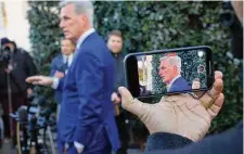  ?? Chip Somodevill­a/Getty Images ?? Speaker of the House Kevin McCarthy talks to reporters Wednesday after meeting with President Joe Biden at the White House in Washington, DC.