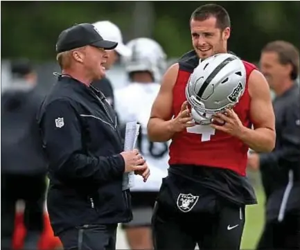  ?? ANDA CHU — STAFF PHOTOGRAPH­ER ?? Raiders coach Jon Gruden and quarterbac­k Derek Carr share a moment in organized team activities. The team opens camp practice on Friday.