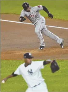  ?? STAFF PHOTO BY CHRISTOPHE­R EVANS ?? ROBBERY: Rafael Devers steals second base off Yanks starter Luis Severino during the Red Sox’ 16-1 rout in Game 3 last night in the Bronx.