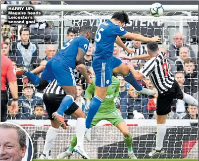  ?? Main picture: STU FORSTER ?? HARRY UP: Maguire heads Leicester’s second goal