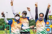  ?? — TWITTER ?? Indian women’s Cadet archery team celebrate after winning gold at Youth World Championsh­ips.