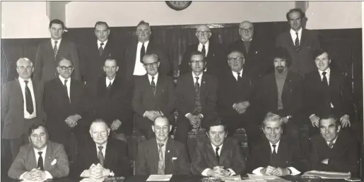  ??  ?? Sligo County Council members and officials pictured after the 1974 local elections. Back row ( l- r), Joe Cawley, Tommy Lavin, James Feighney, Tom Deighan, Martin Coggins, Matt Brennan; centre, Tommie Higgins, Eugene Henry, Willie Gormley, Eugene...
