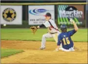  ?? SAM STEWART - DIGITAL FIRST MEDIA ?? Pope John Paul II’s Christian Wagner slides into second. He went to third after the ball got away from the Boyertown second baseman.