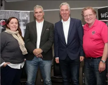  ??  ?? Niamh O’Mahony(acting C.E.O., SD Europe), Ray Noonan, John Delaney (F.A.I.) and Terry Cooke at the launch of the Wexford F.C. Supporters Trust in Clayton Whites Hotel on Wednesday. Full informatio­n on the scheme is available by visiting www.wexfordfc.ie