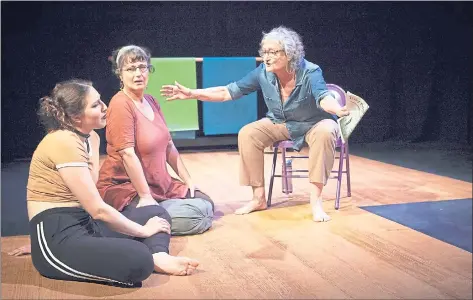  ?? JULIE SCHUCHARD — SISTERHOOD OF THE TRAVELING PANTSUITS ?? From left, Miranda Swain, Jeri Lynn Cohen and Patricia Silver perform in the new feminist comedy “#GetGandhi” by Anne Galjour at Z Below in San Francisco.