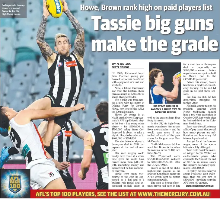  ??  ?? Collingwoo­d’s Jeremy Howe is a crowd favourite for his high-flying marks.
Ben Brown earns up to $725,000 a season from his Kangaroos contract.