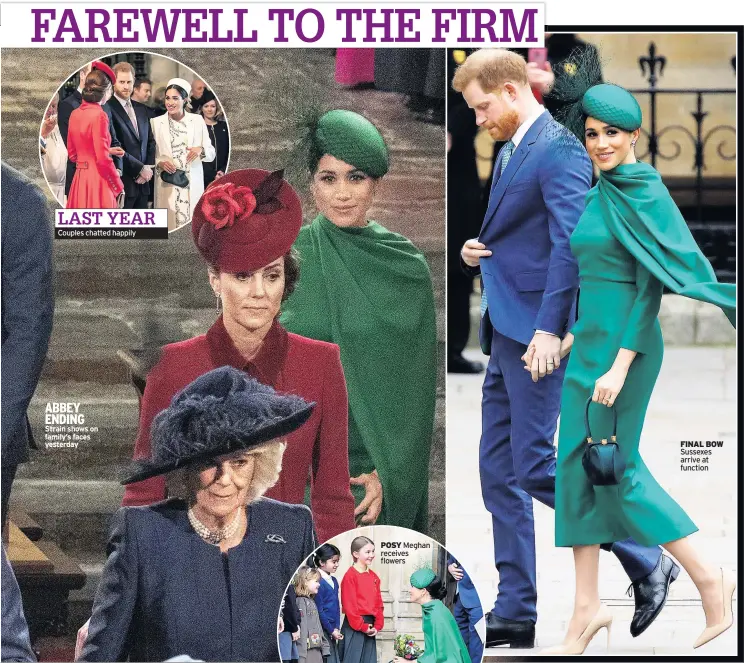  ??  ?? Couples chatted happily
ABBEY ENDING Strain shows on family’s faces yesterday
FINAL BOW Sussexes arrive at function