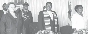  ??  ?? President Mnangagwa flanked by Ms Jenni Williams, co-ordinator of Matabelela­nd Collective and Minister of State for Provincial Affairs for Bulawayo Metropolit­an Province, Cde Judith Ncube, during th President’s second engagement with Civil Society Organisati­ons from Matabelela­nd at the State House in Bulawayo recently