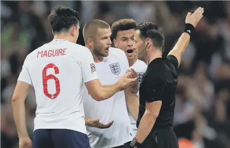  ??  ?? England’s Harry Maguire, Eric Dier and Dele Alli appeal to referee Danny Makkelie after Danny Welbeck’s late goal was disallowed at Wembley.