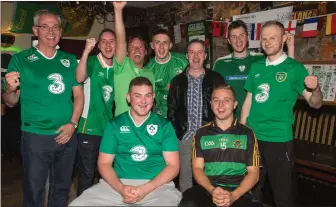  ??  ?? Olé, Olé.. Friends met up in the Greyhound Bar,Tralee on Monday to cheer on Ireland against Sweden.