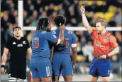  ?? Picture: GETTY IMAGES ?? MARCHING ORDERS: France’s Benjamin Fall receives a red card during the Test against New Zealand in Wellington, New Zealand on Saturday