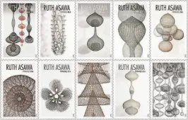  ?? U.S. Postal Service ?? San Francisco sculptor and arts education advocate Ruth Asawa will be honored with a series of postage stamps featuring the crocheted wire sculptures she was most known for. At right are the preliminar­y designs for the stamps, which will be available for purchase online and in post offices later this year.