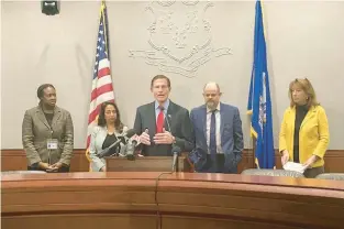  ?? COURANT PHOTO ?? U.S. Senator Richard Blumenthal with Connecticu­t Commission­er of Public Health Manisha Juthani, her team, and Clean Water Action’s Anne Hulick and Long Island Sound Keeper’s Bill Lucey speaking about working to eliminate PFAS from the state’s drinking water.