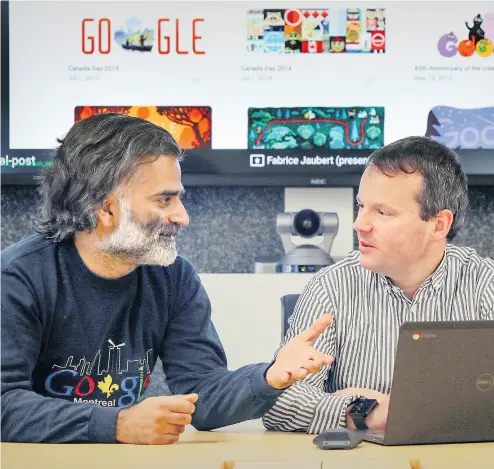  ?? JOHN MAHONEY / POSTMEDIA NEWS ?? Staff software developers Nav Jagpal, left, and Fabric Jaubert at Google’s office in Montreal. They are among a group of Google employees who are trying to make the Internet a safer place by tracking suspicious websites or downloads.