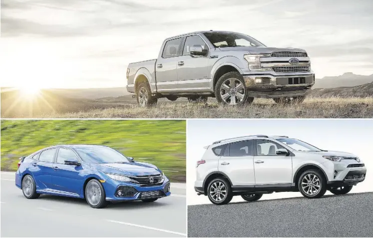  ?? FORD, HONDA, TOYOTA ?? So far in 2017, the Ford F-150, top, Honda Civic, bottom left, and Toyota RAV4 are the sales leaders in their respective segments.