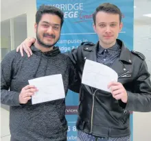  ??  ?? Ashuit Khanna, 20, and Vlad Bunys, 21, A level students at Uxbridge College, both achieved an A* in maths and A grades in physics and further maths