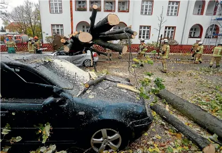  ?? PHOTO: REUTERS ?? Firefighte­rs work around a car damaged by a tree during stormy weather caused by storm called ‘‘Herwart’’ in Berlin, Germany,.