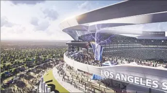  ?? Manica Architectu­re ?? IN REVISED PLANS for an NFL stadium, when the Chargers play, simulated lightning bolts would swirl behind glass encasing a tower that rises through and extends above the main concourse.