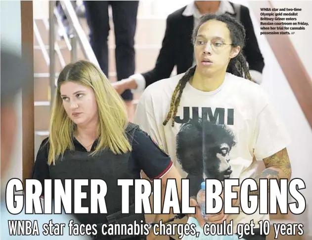  ?? AP ?? WNBA star and two-time Olympic gold medalist Brittney Griner enters Russian courtroom on Friday, when her trial for cannabis possession starts.