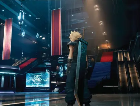  ??  ?? A quieter moment for Cloud. In a stunning scene near the start of the game, he’s beset by visions of Sephiroth and his burning hometown as he walks through Midgar