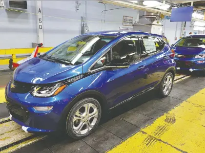  ?? JIL MCINTOSH/DRIVING ?? The Chevrolet Bolt is GM’S only all-electric offering, but that is expected to change with 10 new vehicles in developmen­t.