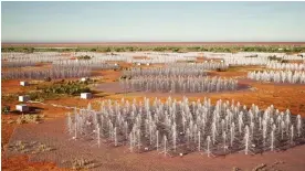  ?? Illustrati­on: Department of Industry, Science and Resources ?? An artist’s impression of SKA-Low on Wajarri country in Western Australia. Its tree-like antennas will map the sky 135 times faster than existing telescopes.