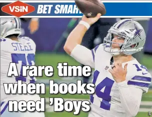  ??  ?? THE ANDY’DOG: Andy Dalton and the Cowboys are small home underdogs on Monday night against the Cardinals, as the betting line flipped from the lookahead after the season-ending injury to Dak Prescott.