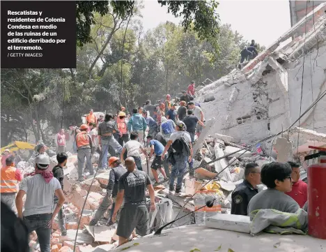  ??  ?? Rescatista­s y residentes de Colonia Condesa en medio de las ruinas de un edificio derribado por el terremoto.
/ GETTY IMAGES)