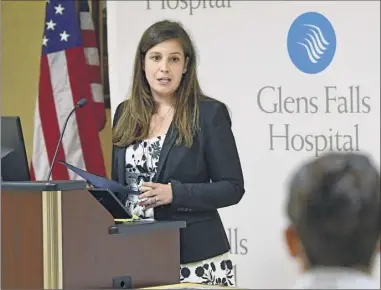  ?? Lori Van Buren / Times Union ?? U.S Rep. Elise Stefanik gives a presentati­on Monday at Glens Falls Hospital commending the work of the hospital’s administra­tion and employees.