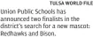  ?? TULSA WORLD FILE ?? Union Public Schools has announced two finalists in the district’s search for a new mascot: Redhawks and Bison.