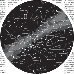  ?? FOTO: STERNWARTE LAUPHEIM ?? Der Sternhimme­l am 1. gegen 23 Uhr, am 15. gegen 22 Uhr und am 31. gegen 21 Uhr (MEZ). Die Kartenmitt­e zeigt den Himmel im Zenit. Der Kartenrand entspricht dem Horizont. Norden ist oben, Westen rechts, Süden unten und Osten links. Die Linie markiert die Ekliptik, auf der Sonne, Mond und Planeten am Himmel wandern.