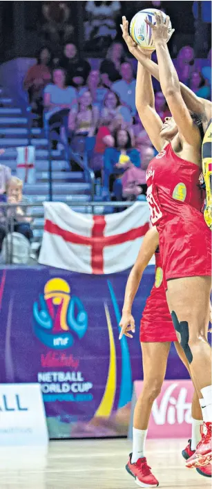  ??  ?? Hands up: Eboni Usoro-brown (left) of England battles with Shanice Beckford