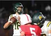  ?? ?? San Marin quarterbac­k Dominic Ingrassia (16) looks to pass during Friday's MCAL game against San Rafael.